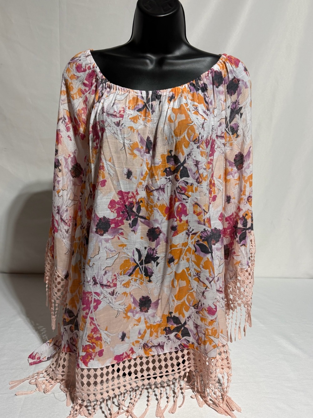 Cato Boho Floral Peasant Blouse Crochet Lace Hem Tassels Long Sleeve Tunic XL - Picture 2 of 16